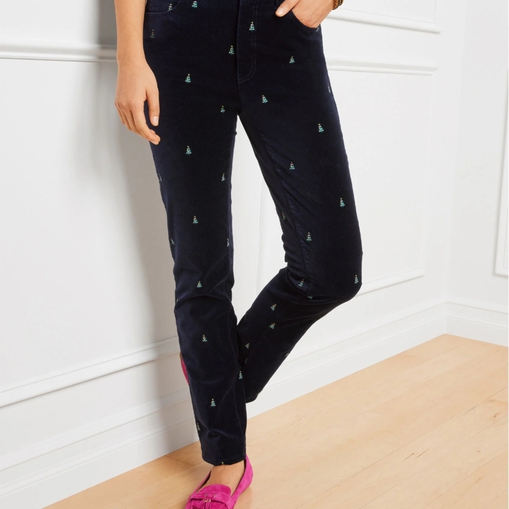 Navy Embroidered Pants with Pink Loafers